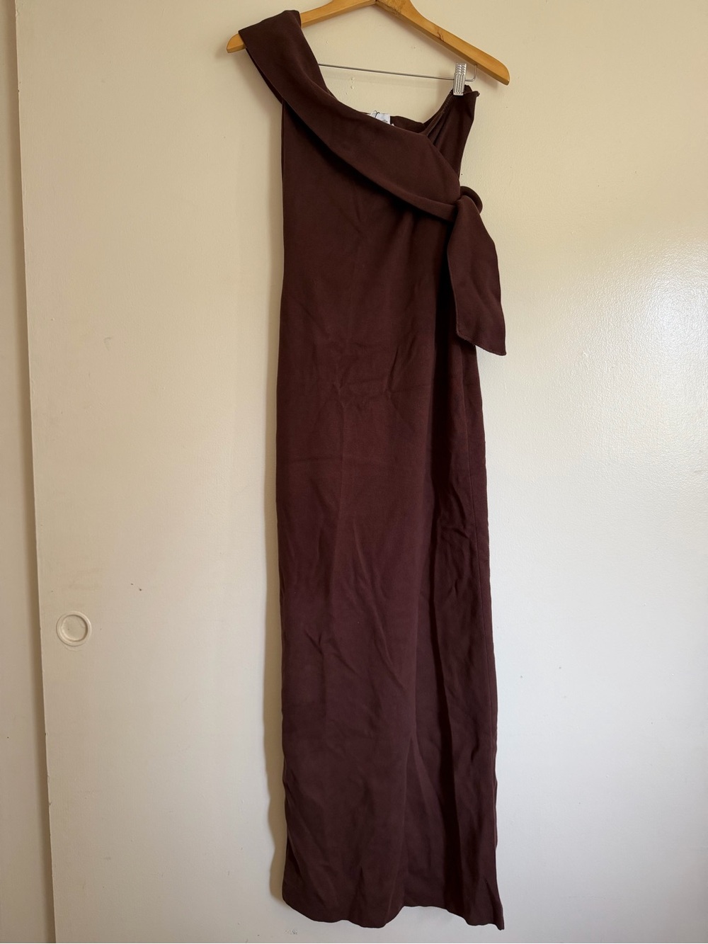 Asymmetrical One-Shoulder Maxi Dress in Dark Brown with Side Knot